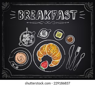 Vintage Poster. Breakfast. Croissant and coffee. Set on the chalkboard for design in retro style