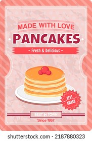 Vintage poster for breakfast with delicious stack of pancakes on pink background for print in retro style, design template for cafe