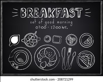 Vintage Poster. Breakfast menu. Set on the chalkboard. Sketches for design in retro style