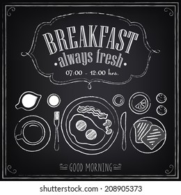 Vintage Poster. Breakfast Menu. Set On The Chalkboard. Sketches For Design In Retro Style