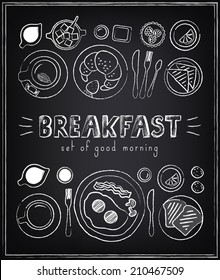 Vintage Poster. Breakfast Menu. Set On The Chalkboard. Sketches  For Design In Retro Style