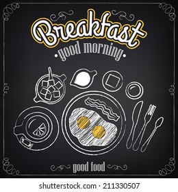 Vintage Poster. Breakfast menu. Set on the chalkboard. Sketches for design in retro style