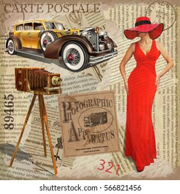 Vintage poster with vintage camera, pretty women and retro car, torn newspaper background.