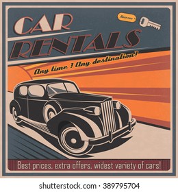 Vintage poster for car rental business. Advertising vector layout for car rental services in retro style. 