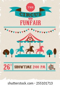 Vintage Poster With Carnival, Fun Fair, Circus Vector Background And Illustration