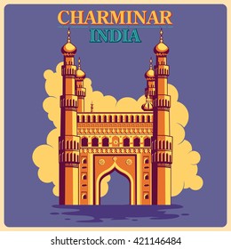 Vintage poster of Charminar in Hyderabad, famous monument of India . Vector illustration