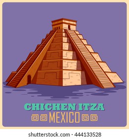 Vintage poster of Chichen Itza in Mayan, famous monument of Mexico. Vector illustration