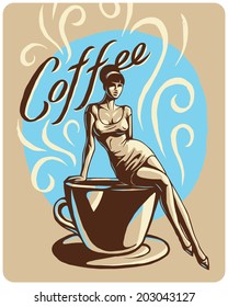 Vintage poster with coffee lady in tiny dress