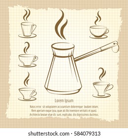 Vintage poster with coffee maker and cups of coffee. Vector hand drawn coffee design