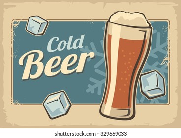 Vintage poster cold beer and ice cubes. Retro label or banner design. Vector old paper texture beige background. For emblem, logo, web, info graphic, horizontal a4.