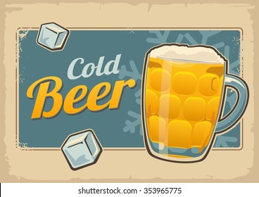 Vintage poster cold beer and snowflake. Vector flat illustration isolated on old paper bright background. Hand drawn design element for label and poster
