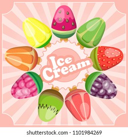 Vintage poster with colorful juicy fruit ice cream
