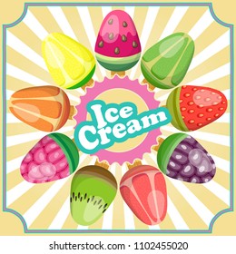 Vintage poster with colorful juicy fruit ice cream