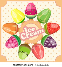 Vintage poster with colorful juicy fruit ice cream