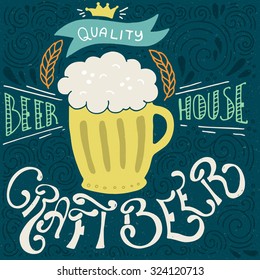 Vintage poster with craft beer mug and various decorations - unique handdrawn lettering on brewery theme. Great for pub menu, announcement of the beer festival or brewery poster.
