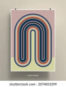 Vintage poster design background. Geometric colorful shapes and lines in pastel palette with grainy texture. Vector illustration.