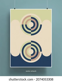 Vintage Poster Design Hintergrund. Geometrische, farbige Formen und Linien in Pastellfarben mit grauer Textur. Vektorgrafik.
