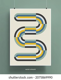 Vintage poster design background. Geometric colorful shapes and lines in pastel palette with grainy texture. Vector illustration.
