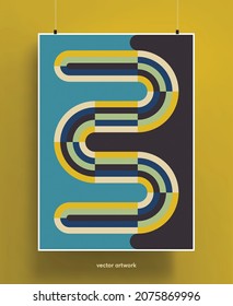 Vintage poster design background. Geometric colorful shapes and lines in pastel palette with grainy texture. Vector illustration.