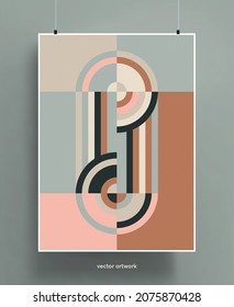 Fondo de diseño de póster de época. Formas y líneas geométricas coloridas en paleta pastel con textura granulada. Ilustración vectorial.