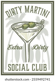 Vintage poster design featuring a dirty martini cocktail glass with olives, palm trees in the background, and surfboards, creating a retro summer vibe for a social club