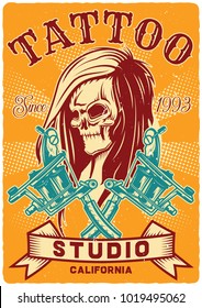 Vintage poster design with illustration of the girl's skull and ink machines