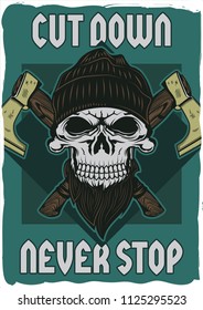 Vintage poster design with illustration of a lumberjack and axes on dusty background.