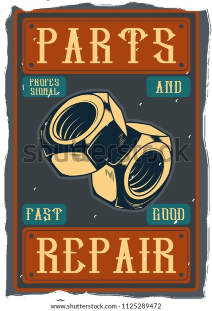 Vintage poster design with illustration of\
screws and retro pattern on\
background.