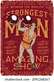 Vintage poster design with illustration of Strongest man