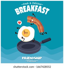 Vintage poster design with vector bacon & egg character. 