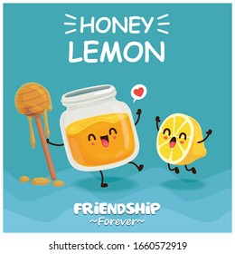 Vintage poster design with vector honey & lemon character. 