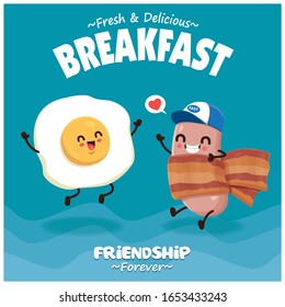 Vintage poster design with vector hot dog, bacon & egg character. 