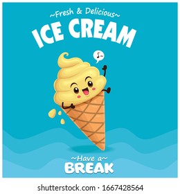 Vintage poster design with vector ice cream character. 