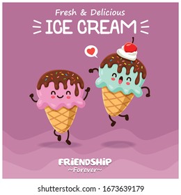 Vintage poster design with vector ice cream character. 