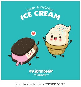 Vintage poster design with vector ice cream character. 