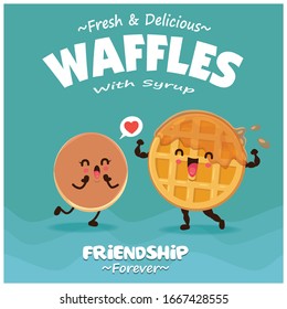 Vintage poster design with vector waffles, pancake, honey character. 