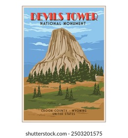 Cartel de Antiguas del diseño de Ilustración vectorial del parque nacional Devils tower