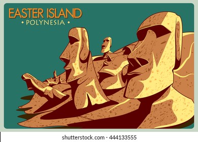 Vintage poster of Easter Island, famous monument in Chile. Vector illustration