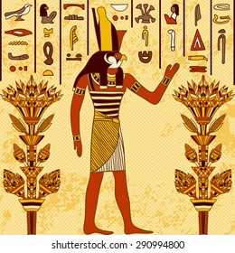 Vintage poster with egyptian god on the grunge background with ancient egyptian hieroglyphs and floral elements. Retro hand drawn vector illustration