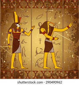 Vintage poster with egyptian gods on the grunge background with silhouettes of the ancient egyptian hieroglyphs. Retro hand drawn vector illustration