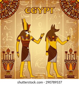 Vintage poster with egyptian gods on the grunge background with silhouettes of the ancient egyptian hieroglyphs. Retro hand drawn vector illustration