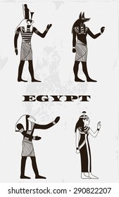 Vintage poster with egyptian gods on the grunge background. Retro hand drawn vector illustration