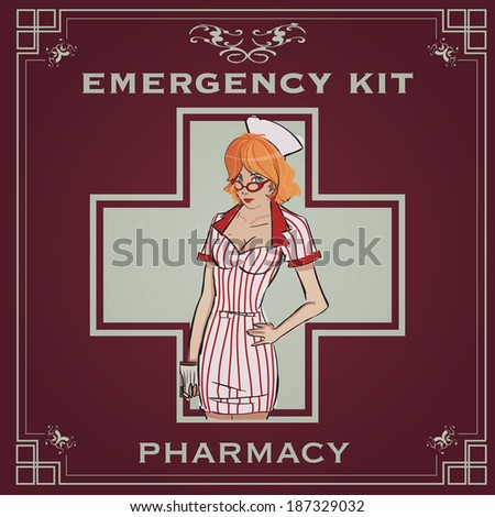 Vintage Poster Of An Emergency Kit With Retro Nurse Pin Up Vintage Poster Of An Emergency Kit With Retro Nurse Pin Up