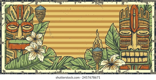 Vintage poster featuring tiki masks, tropical leaves, and surf elements, capturing the spirit of beach culture with a nostalgic, retro surf aesthetic. Text space.