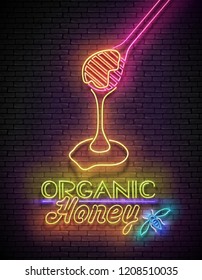Vintage Poster with Flowing Honey on Deepper and Inscription. Neon Lettering. Template for Banner, Advertisement. Brick Wall, Horizontal Seamless. Vector 3d Illustration. Clipping Mask, Editable
