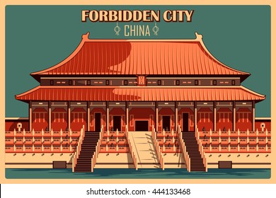 Vintage Poster Of Forbidden City In Beijing, Famous Monument Of China. Vector Illustration