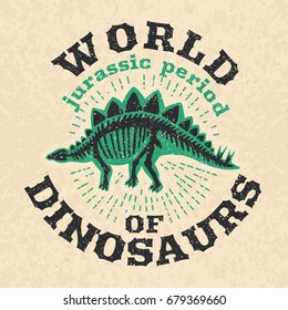 Vintage poster of fossil bones of dinosaur. Big skeleton world of dinosaurus in jurassic period poster, vector illustration