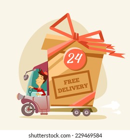 Vintage poster with free delivery truck. Vector illustration