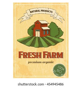 Vintage poster of fresh farm. Natural products, organic. Vector drawing in the graphic style. Sketch 