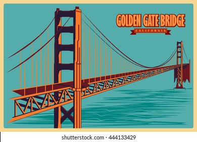 Vintage poster of Golden Gate Bridge in California, famous monument of United States. Vector illustration